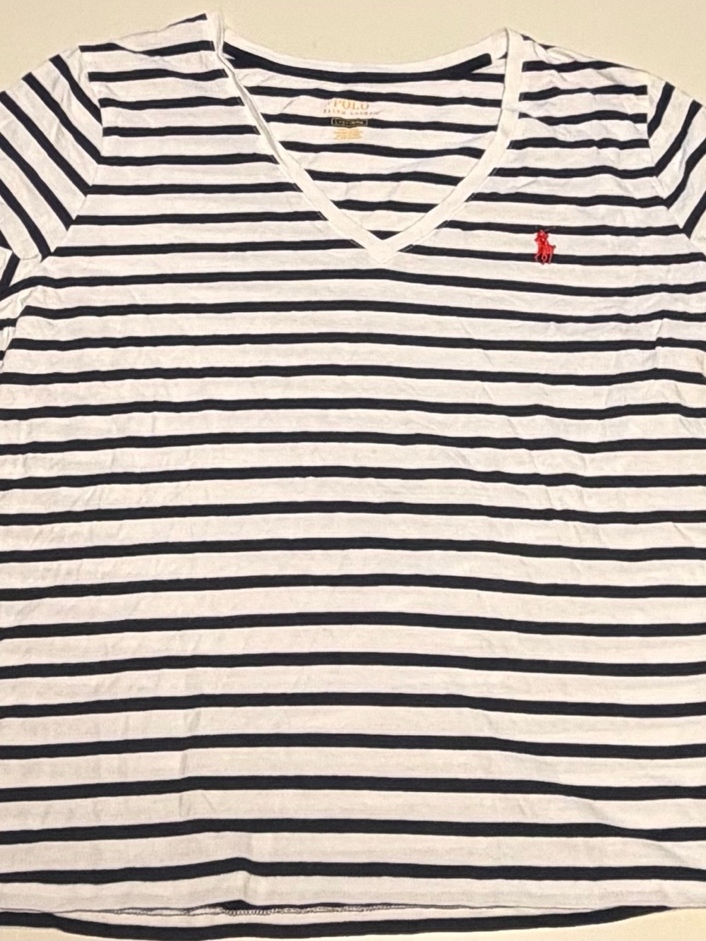 Ralph Lauren Women's Striped V-Neck Tee in White & Navy size L